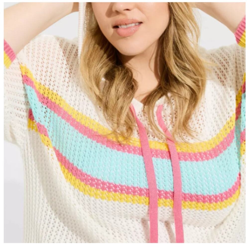 New Torrid Women's White Striped Pointelle Boxy Hoodie Size 00 M/L Coastal Chic - Picture 4 of 9